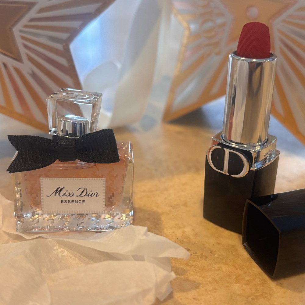 Dior Gold Star Cosmetic Bag with Miss Dior essence and Rouge Dior Minis